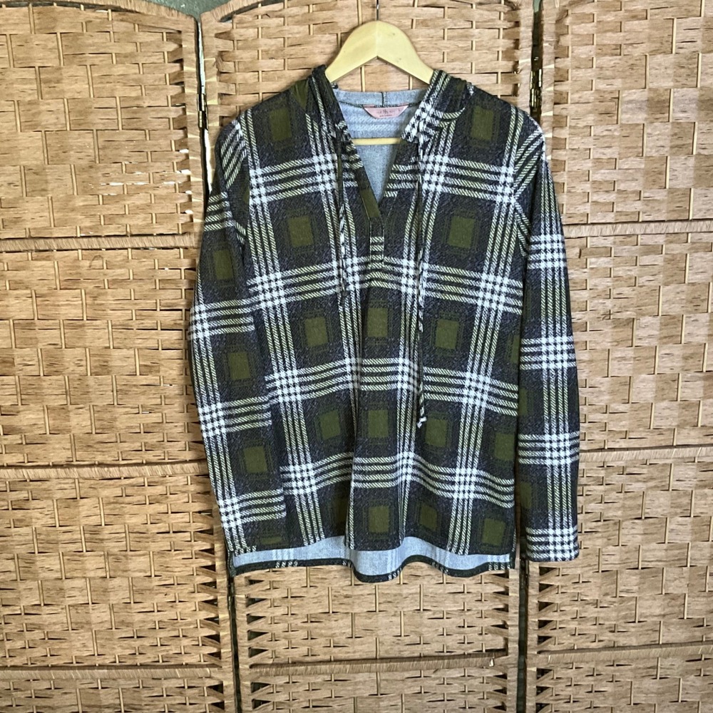 SJS‎ Women's Plaid Hooded Pullover Shirt Long Sleeve Casual Lounge Top L